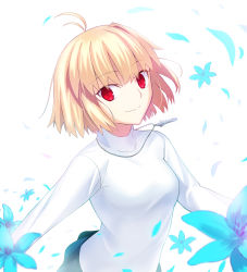Rule 34 | 1girl, absurdres, antenna hair, arcueid brunestud, black skirt, blonde hair, blue flower, breasts, closed mouth, commentary request, flower, hakurei-yuga, highres, jewelry, long sleeves, looking at viewer, medium breasts, miniskirt, necklace, petals, red eyes, short hair, simple background, single hair intake, skirt, smile, solo, sweater, tsukihime, tsukihime (remake), turtleneck, turtleneck sweater, upper body, white background, white sweater