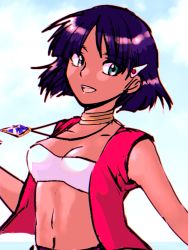 Rule 34 | 1girl, :d, bandeau, bare shoulders, bob cut, breasts, cloud, commentary, dark-skinned female, dark skin, female focus, fushigi no umi no nadia, gem, green eyes, hair ornament, hairclip, highres, jewelry, looking at viewer, midriff, monji (user gwha3724), nadia la arwall, navel, neck ring, necklace, ocean, open mouth, purple hair, red vest, short hair, sky, small breasts, smile, solo, vest, white bandeau
