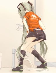 Rule 34 | 1girl, alternate costume, alternate hair color, bag, bathroom, black footwear, black socks, black shorts, clothes writing, english text, female focus, from behind, full body, green hair, hair tie, hatsune miku, have to pee, headphones, highres, indoors, kneehighs, knees together feet apart, long hair, minoco, panties, peeing, peeing self, red shirt, shirt, shoes, short shorts, short sleeves, shorts, socks, solo, space invaders, squat toilet, standing, taito, toilet, toilet paper, toilet use, twintails, underwear, uniform, upshorts, very long hair, vocaloid, wet, wet clothes, white panties