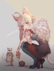 Rule 34 | 1girl, absurdres, ahoge, animal, animal ear fluff, animal ears, arm tattoo, blue eyes, blue footwear, blue nails, blush, braid, cat ears, cat girl, cat tail, closed mouth, eating, english text, fingernails, food, food on face, fur trim, gd choco, grey hair, hair between eyes, helmet, heterochromia, high heels, highres, holding, holding food, long hair, looking at viewer, mouse (animal), nail polish, orange eyes, orange scarf, original, personification, scarf, slit pupils, squatting, standing, tail, tattoo, tongue, tongue out, yarn, yarn ball