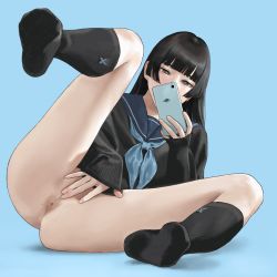 Rule 34 | 1girl, anus, bad id, bad pixiv id, black eyes, black hair, black socks, blue background, blunt bangs, bottomless, cellphone, covered mouth, covering privates, covering crotch, full body, half-closed eyes, highres, hime cut, hiramedousa, holding, holding phone, kneehighs, leg lift, leg up, long hair, long sleeves, looking at phone, mole, mole on ass, neckerchief, no shoes, original, phone, presenting, reclining, school uniform, scissors, serafuku, simple background, sitting, sleeves past wrists, smartphone, socks, solo, spread legs