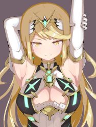 Rule 34 | 1girl, armor, armpits, arms up, artist request, blonde hair, blouse, blush, breasts, cleavage, cleavage cutout, closed mouth, clothing cutout, earrings, elbow gloves, gloves, highres, jewelry, kitami tsuzuka, large breasts, long hair, looking down, mythra (xenoblade), nervous, nintendo, open clothes, open shirt, shirt, shoulder armor, solo, xenoblade chronicles (series), xenoblade chronicles 2, yellow eyes