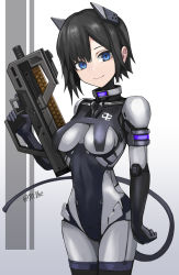 Rule 34 | 1girl, black hair, blue eyes, bodysuit, breasts, bullpup, commentary request, cyborg, gun, headgear, highres, holding, holding gun, holding weapon, looking at viewer, medium breasts, original, short hair, signature, skin tight, smile, solo, submachine gun, sunao (70 the), tail, trigger discipline, two-tone background, weapon