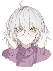 Rule 34 | 1girl, adjusting eyewear, ahoge, alternate costume, closed mouth, commentary request, fate/grand order, fate (series), glasses, grey hair, hair between eyes, highres, jeanne d&#039;arc alter (fate), long sleeves, looking at viewer, pale skin, pink sweater, ri o ne su, round eyewear, short hair, simple background, smile, solo, sweater, turtleneck, turtleneck sweater, white background, yellow eyes