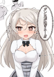 Rule 34 | 1boy, 1girl, @ @, admiral (kancolle), armpit cutout, arrow (symbol), breasts, brown eyes, cleavage cutout, clothing cutout, conte di cavour (kancolle), dress, junes, kantai collection, large breasts, long hair, long sleeves, silver hair, translation request, two side up, white dress