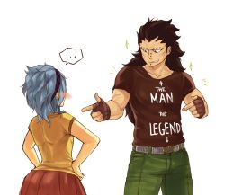 Rule 34 | +++, ..., 1boy, 1girl, ^^^, arrow (symbol), belt, blue hair, blush, brown eyes, brown gloves, brown hair, brown shirt, clothes writing, collarbone, ear piercing, english text, fairy tail, fingerless gloves, gajeel redfox, gloves, grace tran, green pants, grin, hairband, hands on own hips, levy mcgarden, long hair, looking at another, pants, piercing, pleated skirt, pointing, pointing at self, red skirt, shirt, short sleeves, skirt, smile, sparkle, spoken ellipsis, white background, yellow shirt