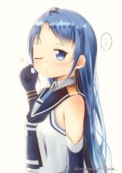 Rule 34 | ..., arrow (symbol), artist name, bare shoulders, blue eyes, blue hair, blue neckerchief, blush, closed mouth, commentary request, elbow gloves, gloves, kantai collection, long hair, looking at viewer, looking to the side, mae (maesanpicture), neckerchief, one eye closed, pointing, sailor collar, samidare (kancolle), school uniform, scratching, serafuku, simple background, sleeveless, solo, spoken ellipsis, sweatdrop, swept bangs, very long hair, white background