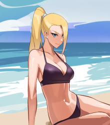 Rule 34 | 1girl, armpits, bare shoulders, beach, bikini, bikini bottom only, blonde hair, blue eyes, breasts, cleavage, closed mouth, cloud, day, earrings, female focus, high ponytail, jewelry, legs, long hair, looking at viewer, medium breasts, naruto, naruto (series), navel, ocean, outdoors, ponytail, sand, sitting, sky, smile, solo, swimsuit, thighs, water, yamanaka ino