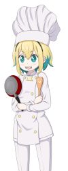 Rule 34 | 1girl, :d, amano pikamee, black hairband, blonde hair, chef, chef hat, crossed arms, frying pan, green eyes, green hair, hairband, hat, highres, holding, jacket, lagunazero, long sleeves, looking away, multicolored hair, open mouth, pants, sharp teeth, short hair, signature, simple background, smile, solo, spatula, standing, teeth, tomoe (amano pikamee), two-tone hair, virtual youtuber, voms, white background, white headwear, white jacket, white pants