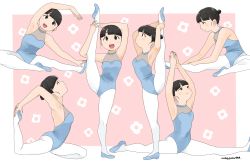 Rule 34 | 1girl, absurdres, ballet slippers, black hair, blue leotard, blunt bangs, commentary request, floral background, hair bun, highres, leg lift, leotard, looking at viewer, looking to the side, nagomurasan, open mouth, original, pantyhose, single hair bun, sitting, smile, split, standing, standing on one leg, stretching, white pantyhose