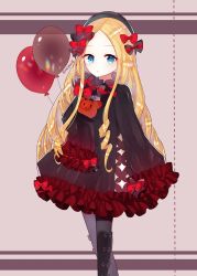 Rule 34 | 1girl, abigail williams (fate), balloon, black bow, black dress, black hat, black pantyhose, blonde hair, blue eyes, blush, bow, brown background, closed mouth, commentary request, dress, fate/grand order, fate (series), forehead, frilled dress, frills, hair bow, hat, hugging object, long sleeves, looking at viewer, pantyhose, parted bangs, red bow, sakizaki saki-p, sleeves past fingers, sleeves past wrists, solo, standing, stuffed animal, stuffed toy, teddy bear, twitter username