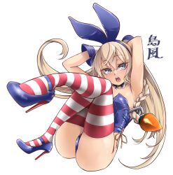 Rule 34 | alternate costume, alternate hairstyle, animal ears, arms behind head, black bow, black bowtie, blonde hair, blue footwear, blue leotard, bow, bowtie, braid, breasts, chestnut mouth, commentary request, detached collar, full body, gloves, grey eyes, high heels, kantai collection, leotard, long hair, open mouth, playboy bunny, rabbit ears, round teeth, shimakaze (kancolle), simple background, single braid, small breasts, strapless, strapless leotard, striped clothes, striped thighhighs, teeth, thighhighs, udukikosuke, upper teeth only, white background, white gloves