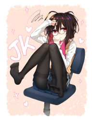 Rule 34 | 1girl, black hair, black pantyhose, blue skirt, commentary, folded ponytail, frown, full body, glasses, hair between eyes, healther, highres, knees up, long hair, long sleeves, looking at viewer, multicolored hair, no shoes, original, panties, panties under pantyhose, pantyhose, pink-framed eyewear, plaid, plaid skirt, pleated skirt, red eyes, red hair, semi-rimless eyewear, shirt, simple background, sitting, skirt, solo, squiggle, stylus, tablet pc, thighband pantyhose, two-tone hair, under-rim eyewear, underwear, vest, white shirt, yellow vest