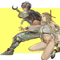Rule 34 | 1boy, 1girl, armor, bare shoulders, black eyes, black footwear, black hair, blonde hair, blue eyes, closed mouth, fingernails, grey hair, highres, holding, holding sword, holding weapon, japanese clothes, long hair, miko, multicolored hair, navel, nightmare-kck, original, parted lips, pauldrons, red headwear, shoulder armor, sword, teeth, two-tone background, upper body, weapon
