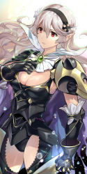 Rule 34 | 1girl, armor, armored leotard, black armor, black hairband, black leotard, breasts, cape, cleavage, closed mouth, corrin (female) (fire emblem), corrin (female) (nohr noble) (fire emblem), corrin (fire emblem), fire emblem, fire emblem fates, hair between eyes, hairband, highres, large breasts, leotard, long hair, misu kasumi, nintendo, official alternate costume, pointy ears, red eyes, silver hair, solo, thighs, torn cape, torn clothes