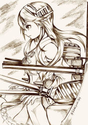 Rule 34 | 10s, 1girl, bare shoulders, boots, detached sleeves, greyscale, hair ornament, hairband, hairclip, haruna (kancolle), headgear, japanese clothes, kamizono (spookyhouse), kantai collection, long hair, machine, machinery, mecha, monochrome, nontraditional miko, ribbon-trimmed sleeves, ribbon trim, robot, skirt, smile, solo, thigh boots, thighhighs, turret, twitter username, uniform, weapon, wide sleeves