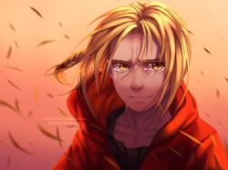Rule 34 | 1boy, artist name, black shirt, blonde hair, blouse, braid, braided ponytail, closed mouth, collarbone, crying, crying with eyes open, edward elric, floating, floating hair, floating object, fullmetal alchemist, highres, hood, hood down, hoodie, insertsomthinawesome, leaf, long hair, looking at viewer, male focus, red hoodie, sad, shirt, single braid, solo, sunset, tears, upper body, yellow eyes