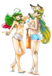 Rule 34 | 2girls, ahoge, animal ears, ass, back, bad id, bad pixiv id, bare shoulders, barefoot, bikini, bikini top only, blonde hair, breasts, chikuwa (tks), feet, green eyes, green hair, large breasts, legs, long hair, looking at viewer, looking back, multiple girls, navel, open mouth, original, pointy ears, short shorts, shorts, sideboob, simple background, swimsuit, v, white background