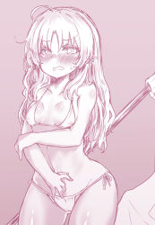 Rule 34 | 1girl, ahoge, arknights, bare arms, bare shoulders, bikini, blush, breasts, collarbone, commentary request, covering stomach, cowboy shot, cowlick, ear piercing, flag, half-closed eyes, halterneck, long hair, looking at viewer, micro bikini, myrtle (arknights), navel, open mouth, parted bangs, piercing, pink theme, side-tie bikini bottom, sidelocks, simple background, small breasts, solo, standing, stomach, swimsuit, v-shaped eyebrows, white bikini, yume (i think.)