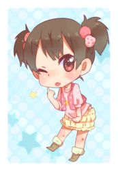 Rule 34 | 1girl, ;p, bad id, bad pixiv id, brown hair, chibi, k-on!, one eye closed, red eyes, short hair, short twintails, solo, sunameri oishii, suzuki jun, tongue, tongue out, twintails, wink