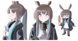 Rule 34 | 1girl, :d, ^ ^, absurdres, amiya (arknights), animal ears, arknights, black footwear, black jacket, blue skirt, blush, brown hair, brown pantyhose, carrying, closed eyes, closed mouth, eyebrows hidden by hair, food, hand up, highres, holding, holding food, hood, hood down, hooded jacket, jacket, long hair, long sleeves, multiple views, open mouth, pantyhose, parted lips, ponytail, puffy long sleeves, puffy sleeves, rabbit ears, shirt, shoes, sidelocks, simple background, skirt, smile, spam (spamham4506), standing, very long hair, white background, white shirt