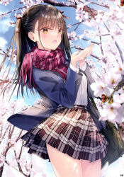 Rule 34 | 1girl, absurdres, bag, blazer, blue sky, blush, bow, branch, breasts, brown eyes, brown hair, buttons, cherry blossoms, cloud, cloudy sky, day, fingernails, flower, hair bow, hands up, highres, holding, jacket, kobayashi chisato, long hair, long sleeves, open clothes, open mouth, original, outdoors, pleated skirt, scan, scarf, school bag, school uniform, shirt, simple background, skirt, sky, small breasts, smile, solo, thighs, twintails, white shirt, winter clothes