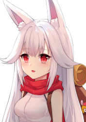 Rule 34 | 1girl, :d, animal ear fluff, animal ears, backpack, bag, bag charm, bare shoulders, blush, breasts, charm (object), commentary, fang, fox ears, hair flaps, highres, long hair, looking away, medium breasts, open mouth, original, red eyes, red scarf, scarf, shirt, sidelocks, simple background, sleeveless, sleeveless shirt, smile, solo, symbol-only commentary, upper body, white background, white hair, white shirt, ying jing meng