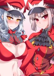 Rule 34 | 2girls, blush, breasts, carmilla (fate), cleavage, collarbone, commentary request, cosplay, fang, fate/grand order, fate (series), florence nightingale (fate), hat, ikue fuuji, large breasts, long hair, looking at viewer, looking away, medb (alluring chief warden look) (fate), medb (fate), medb (fate) (cosplay), midriff, military, military hat, military uniform, multiple girls, navel, open clothes, peaked cap, pink hair, red eyes, silver hair, stomach, uniform, yellow eyes