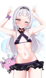 1girl alternate_costume bikini bikini_skirt black_bikini black_choker blunt_bangs blush bracelet breasts breasts_apart choker cocozasa contrapposto cowboy_shot criss-cross_halter double_v gluteal_fold grey_hair halterneck head_tilt highres hololive jewelry looking_at_viewer murasaki_shion navel one_eye_closed orange_eyes pentagram purple_bikini ribs small_breasts solo stomach swimsuit thigh_gap two-tone_bikini v virtual_youtuber