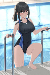Rule 34 | 1girl, absurdres, backlighting, barefoot, black eyes, black hair, black one-piece swimsuit, breasts, competition swimsuit, highres, hiuyec, large breasts, looking at viewer, medium hair, one-piece swimsuit, original, pool, pool ladder, poolside, sidelocks, solo, swimsuit, water, wet, wet clothes, wet swimsuit