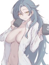 Rule 34 | 1006kbps, 1girl, azur lane, blue hair, chkalov (azur lane), collarbone, cup, earrings, holding, holding cup, jewelry, long hair, looking at viewer, navel, nude, shirt, simple background, white background, white shirt, yellow eyes