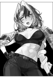 Rule 34 | abs, belt, braid, breasts, choker, cleavage, curly hair, denim, earrings, eus ing, eyelashes, fangs, gloves, greyscale, hair intakes, hand on own hip, hololive, hololive english, jacket, jacket on shoulders, jeans, jewelry, looking to the side, medium breasts, monochrome, open clothes, open jacket, ouro kronii, pants, short hair, side braid, single braid, snake, sports bra, toned, triangle earrings, virtual youtuber