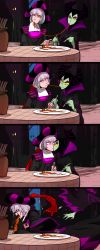 Rule 34 | 1boy, 1girl, 4koma, accident, accidental kiss, bad id, bad pixiv id, claude frollo, colored sclera, colored skin, comic, disney, eyeshadow, fake horns, food, fork, green skin, hat, hetero, highres, hood, horned headwear, horns, kiss, lady and the tramp, makeup, maleficent, marimo (yousei ranbu), meatball, one man&#039;s dream ii, parody, pasta, plate, shared food, silent comic, silver hair, sleeping beauty, spaghetti, spaghetti and meatballs, the hunchback of notre dame, vomit, yellow sclera, aged down
