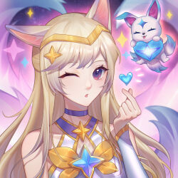 Rule 34 | 1girl, :p, ;o, ahri (league of legends), animal, animal ears, bare shoulders, blue choker, bow, bowtie, brown eyes, choker, closed eyes, covered collarbone, detached sleeves, finger heart, fox ears, fox girl, fox tail, gold headband, grey sleeves, hair ornament, heart, highres, league of legends, long hair, long sleeves, looking at viewer, multicolored hair, multiple tails, official alternate costume, one eye closed, open mouth, orange bow, orange bowtie, qianniao zhi shi, smile, space, sparkle, star (symbol), star guardian (league of legends), star guardian ahri, star hair ornament, starry background, tail, tongue, tongue out, upper body