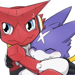 Rule 34 | 2others, closed eyes, digimon, digimon (creature), dragon, embarrassed, fang, gumdramon, hug, multiple others, scar, scarf, shoutmon king ver., smile, wings