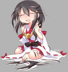 Rule 34 | 10s, 1girl, alternate hairstyle, bare shoulders, black hair, cutting hair, detached sleeves, hair ornament, hairclip, haruna (kancolle), holding, holding own hair, kantai collection, long hair, nontraditional miko, smile, solo, tears, tsukko (3ki2ne10), twitter username, wide sleeves