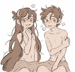 Rule 34 | 1boy, 1girl, artist request, bite mark, blush, breasts, brother and sister, brown eyes, brown hair, dipper pines, embarrassed, gravity falls, hickey, incest, long hair, lowres, mabel pines, shared blanket, siblings, small breasts