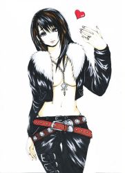 Rule 34 | 1990s (style), 1girl, belt, black hair, breasts, final fantasy, final fantasy viii, jewelry, large breasts, leather, long hair, navel, necklace, rinoa heartilly, scarlet-berry, smile