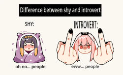 Rule 34 | 2girls, black hair, black nails, blunt bangs, blush, comparison, difference between shy and introvert (meme), double middle finger, emne, english text, gradient hair, highres, hololive, hololive english, long hair, looking at viewer, meme, middle finger, mori calliope, multicolored hair, multiple girls, nail polish, ninomae ina&#039;nis, nose blush, open mouth, orange hair, pink eyes, pink hair, shy, straight hair, tentacle hair, tiara, veil, virtual youtuber