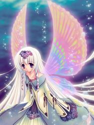 Rule 34 | 1girl, bubble, butterfly wings, fairy, insect wings, long hair, long sleeves, multicolored wings, nishiwaki yuuri, original, purple eyes, solo, underwater, white hair, wings