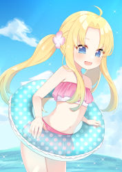 Rule 34 | 1girl, :d, absurdres, ahoge, bare arms, bare shoulders, bikini, blonde hair, blue eyes, blue sky, blush, cloud, commentary request, day, feathered wings, filo (tate no yuusha no nariagari), flower, hair flower, hair ornament, highres, innertube, leaning forward, looking at viewer, mini wings, navel, open mouth, outdoors, parted bangs, pink bikini, pink flower, polka dot, sky, smile, solo, sparkle, standing, suzu (minagi), swim ring, swimsuit, tate no yuusha no nariagari, twintails, water, white wings, wings