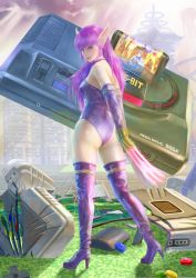 Rule 34 | 1girl, ass, boots, bracelet, breasts, choker, full body, game console, gloves, highleg, highleg leotard, highres, jewelry, kohji, latex, latex boots, latex gloves, latex leotard, leotard, long hair, long pointy ears, looking at viewer, looking back, nei, phantasy star, phantasy star ii, pointy ears, purple choker, purple eyes, purple gloves, purple hair, purple leotard, purple theme, sega, sega mega drive, signature, solo, standing, strapless, strapless leotard, thigh boots, thighhighs, tongue, tongue out