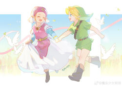 Rule 34 | 1boy, 1girl, belt, belt buckle, bird, blonde hair, blue eyes, blush, boots, brown footwear, buckle, child, chinese commentary, closed eyes, commentary request, dress, falling petals, full body, green headwear, green shorts, green tunic, hat, highres, holding hands, jewelry, link, long dress, long sleeves, looking at viewer, necklace, nintendo, open mouth, petals, pointy ears, princess zelda, running, short sleeves, shorts, shoulder belt, skirt hold, smile, the legend of zelda, the legend of zelda: ocarina of time, triforce, twitter username, weibo logo, weibo username, young link, young zelda, yun (dl2n5c7kbh8ihcx)