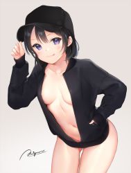 Rule 34 | 10s, 1girl, :p, areola slip, arm up, baseball cap, black hair, black hat, black jacket, blush, bottomless, breasts, closed mouth, coat, collarbone, commentary request, cowboy shot, dot nose, gluteal fold, grey background, hair between eyes, hand in pocket, hand on headwear, hand up, hat, jacket, leaning forward, looking at viewer, love live!, love live! sunshine!!, love live! sunshine!! the school idol movie over the rainbow, medium breasts, mignon, naked coat, navel, no bra, no panties, open clothes, open jacket, purple eyes, short hair, sidelocks, signature, simple background, solo, standing, stomach, tongue, tongue out, unzipped, watanabe tsuki