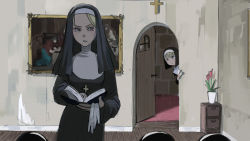 Rule 34 | 5girls, absurdres, age difference, blonde hair, blue eyes, book, clumsy nun (diva), cowboy shot, cross, diva (hyxpk), door, flower, gloves, unworn gloves, habit, highres, holding, indoors, little nuns (diva), long sleeves, mole, mole under mouth, multiple girls, nun, open book, open door, painting (object), parted lips, peeking out, plant, revision, standing, strict nun (diva), traditional nun, vase, veil, white gloves, wooden floor