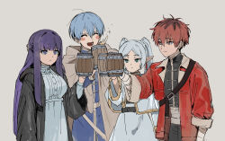 Rule 34 | 2boys, 2girls, ^ ^, black robe, blue hair, blush, brown cloak, capelet, cloak, closed eyes, cup, dohyo123123, dress, elf, expressionless, fern (sousou no frieren), frieren, grey hair, half updo, highres, himmel (sousou no frieren), holding, holding cup, jacket, looking ahead, multicolored hair, multiple boys, multiple girls, odd one out, pointy ears, purple hair, red hair, red jacket, robe, roots (hair), simple background, smile, sousou no frieren, stark (sousou no frieren), toasting (gesture), twintails, upper body, white capelet, white dress, wooden cup