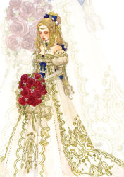Rule 34 | 1990s (style), 1girl, bad id, bad pixiv id, blonde hair, bouquet, breasts, bride, celes chere, cleavage, dress, closed eyes, final fantasy, final fantasy vi, flower, hair ornament, hair ribbon, jewelry, lipstick, long hair, makeup, necklace, painting (medium), ponytail, retro artstyle, ribbon, rose, sakizou, solo, standing, traditional media, watercolor (medium), wedding dress