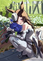 Rule 34 | 1girl, absurdres, adapted costume, animal ears, bad id, bad twitter id, bare shoulders, blue flower, blue rose, bouquet, dagger, flower, hair over one eye, highres, holding, holding bouquet, horse ears, horse girl, kneeling, knife, long hair, looking at viewer, open mouth, outdoors, purple eyes, revision, rice shower (umamusume), rose, sheath, sheathed, smile, solo, teeth, tilted headwear, tsujiya okuyasu, umamusume, upper teeth only, weapon