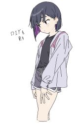 Rule 34 | 1girl, black hair, black shirt, colored inner hair, cropped legs, do it yourself!!, grey jacket, hair behind ear, hands on own thighs, hands on thighs, highres, jacket, long sleeves, multicolored hair, nasuna (hotjiji 0371), open clothes, open jacket, purple hair, red eyes, shirt, shirt tucked in, short hair, short shorts, shorts, solo, suride miku, t-shirt, thick thighs, thighs