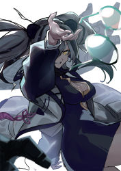Rule 34 | 1girl, :d, animal ears, arknights, bear ears, black dress, black hair, breasts, cleavage, cleavage cutout, clothing cutout, dress, feater (arknights), glasses, grey hair, grey jacket, grin, highres, jacket, large breasts, long hair, long sleeves, looking at viewer, multicolored hair, open clothes, open jacket, open mouth, parted lips, razu (rus), round eyewear, simple background, smile, solo, thick eyebrows, throwing, twintails, two-tone hair, v-shaped eyebrows, white background, yellow eyes